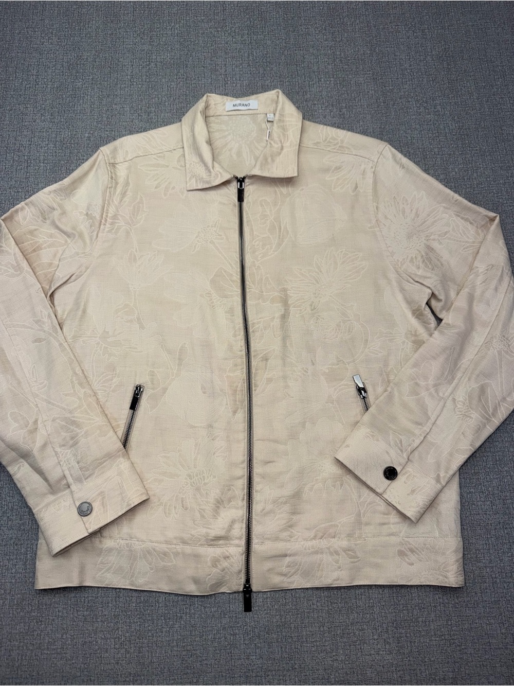 Murano Mens Floral Jacquard Full Zip Jacket Beige Cotton Linen